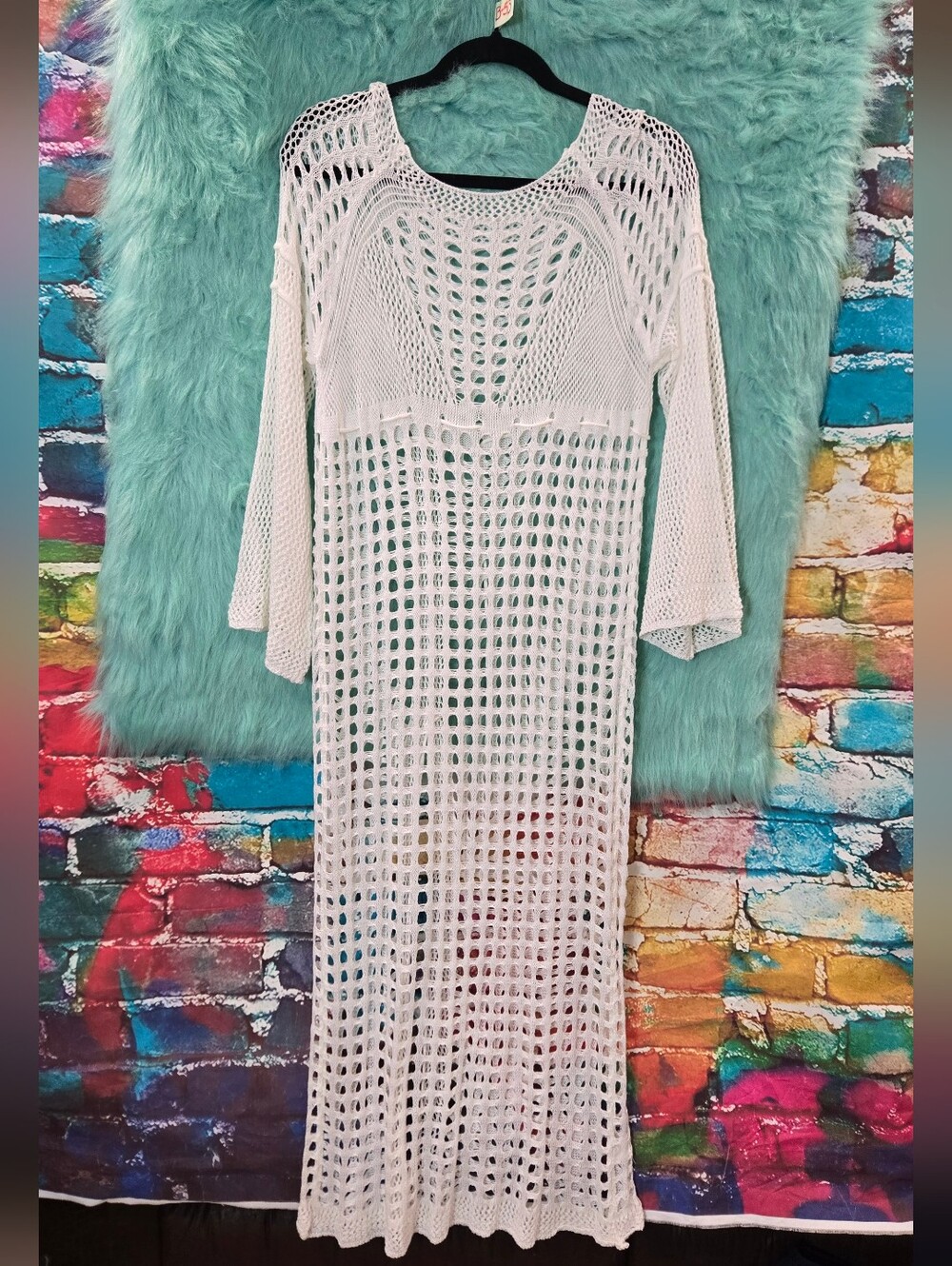 No brand tag White Knit Long Bell Sleeve Sleeve Swimsuit Cover Up Approx S-M - Picture 2 of 11